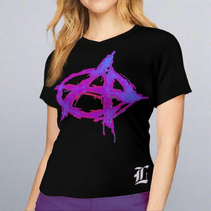 Black t-shirt with purple and blue abstract design worn by a person on a gray background