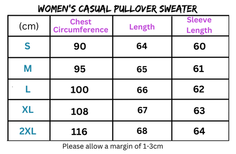 Women’s sweater size chart for casual pullover and tasteful color-block sweater.