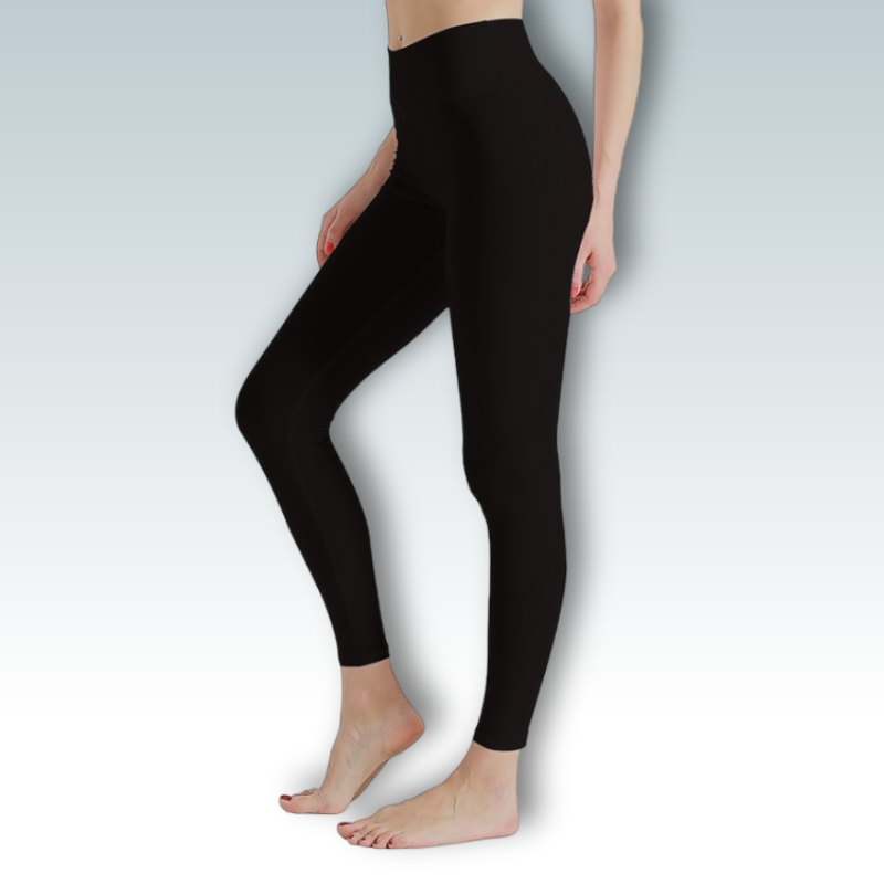 Black leggings worn by a person on a light gray background