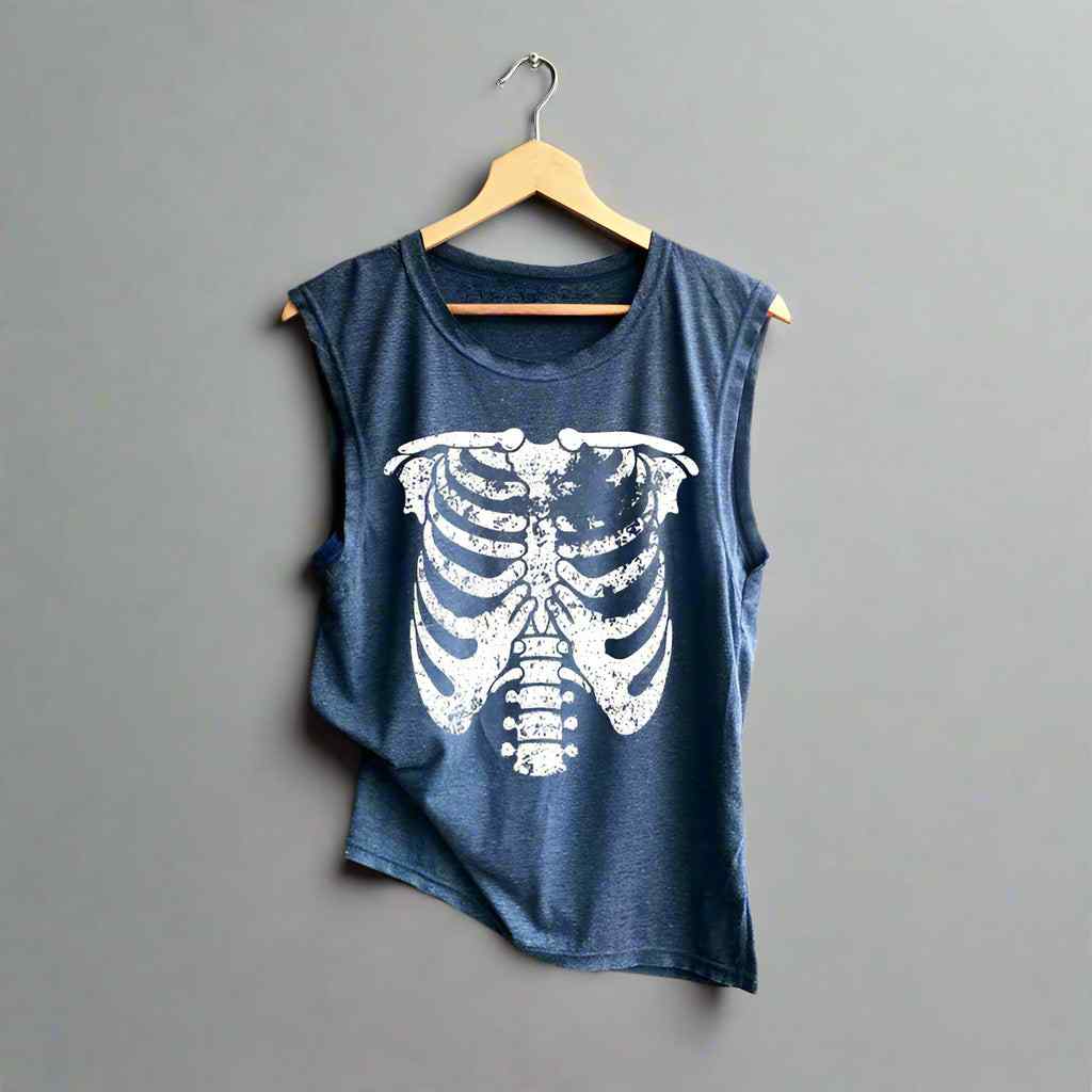 Blue tank top with a white skeleton design on a gray background