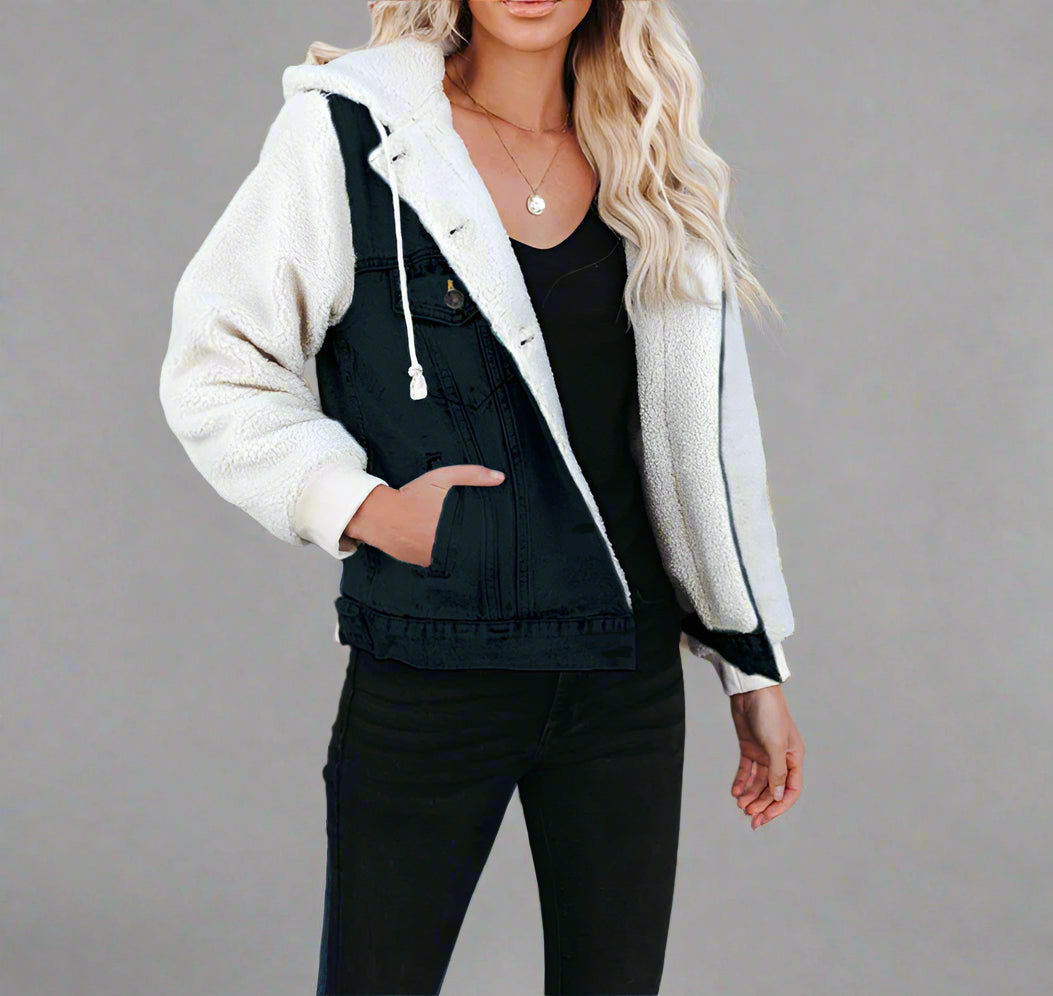 Person wearing a black denim vest with white fleece lining on a gray background