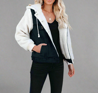 Person wearing a black denim vest with white fleece lining on a gray background