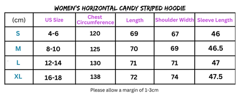 Women’s Hoodie Size Chart for Women’s Horizontal Candy Striped Hoodie showcasing fit details