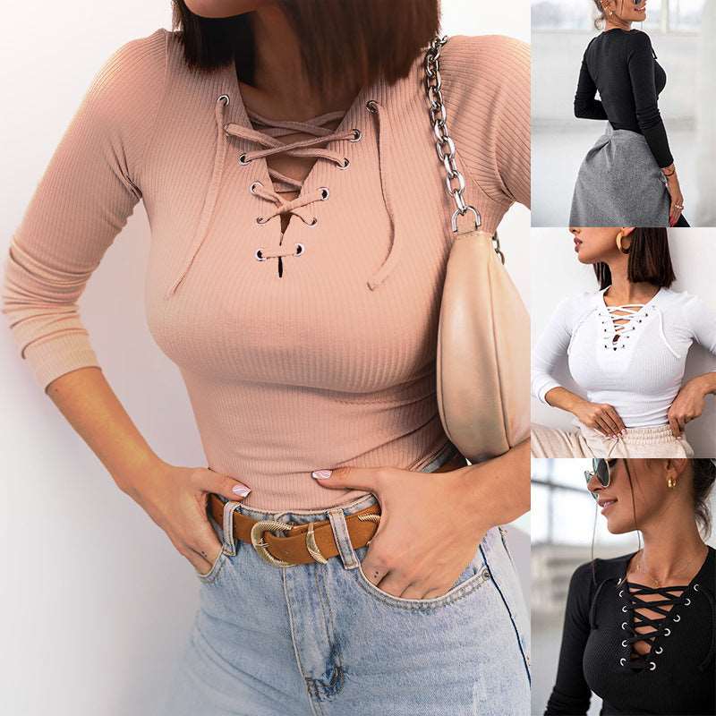 Women's Lace-Up Ribbed Knit Top - Lunacy Deals & Designs