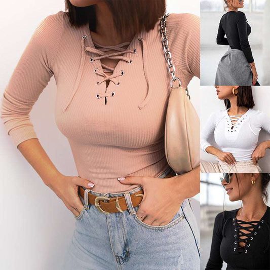 Women's Lace-Up Ribbed Knit Top - Lunacy Deals & Designs