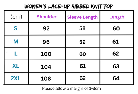 Size chart for Women’s Lace-Up Ribbed Knit Long Sleeved Top featuring ribbed knit design