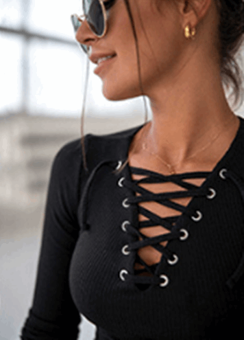 Women's Lace-Up Ribbed Knit Top - Lunacy Deals & Designs