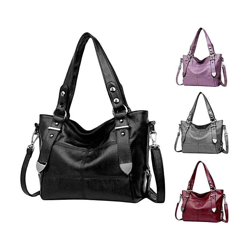 Black handbag with multiple color options displayed on a white background