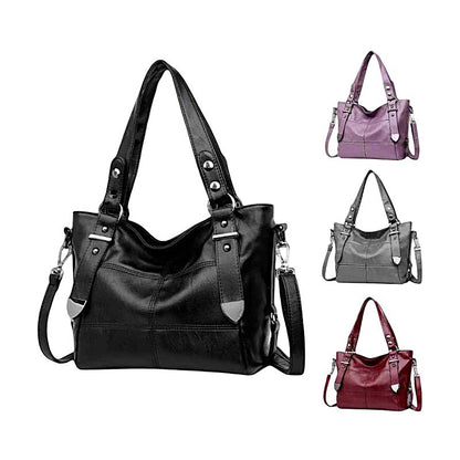 Black handbag with multiple color options displayed on a white background