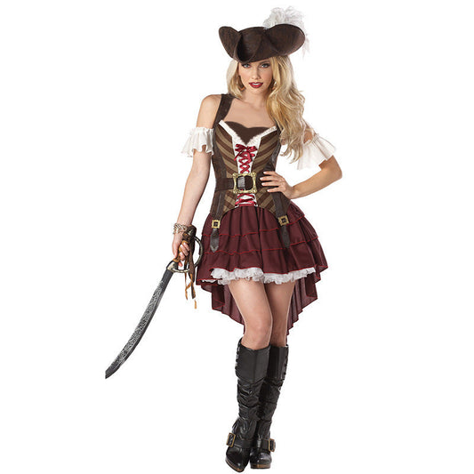 Pirate costume with a dress, hat, and sword on a white background