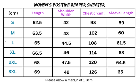 Women’s sweater size chart for Women’s Positive Reaper Pullover Reaper Pullover