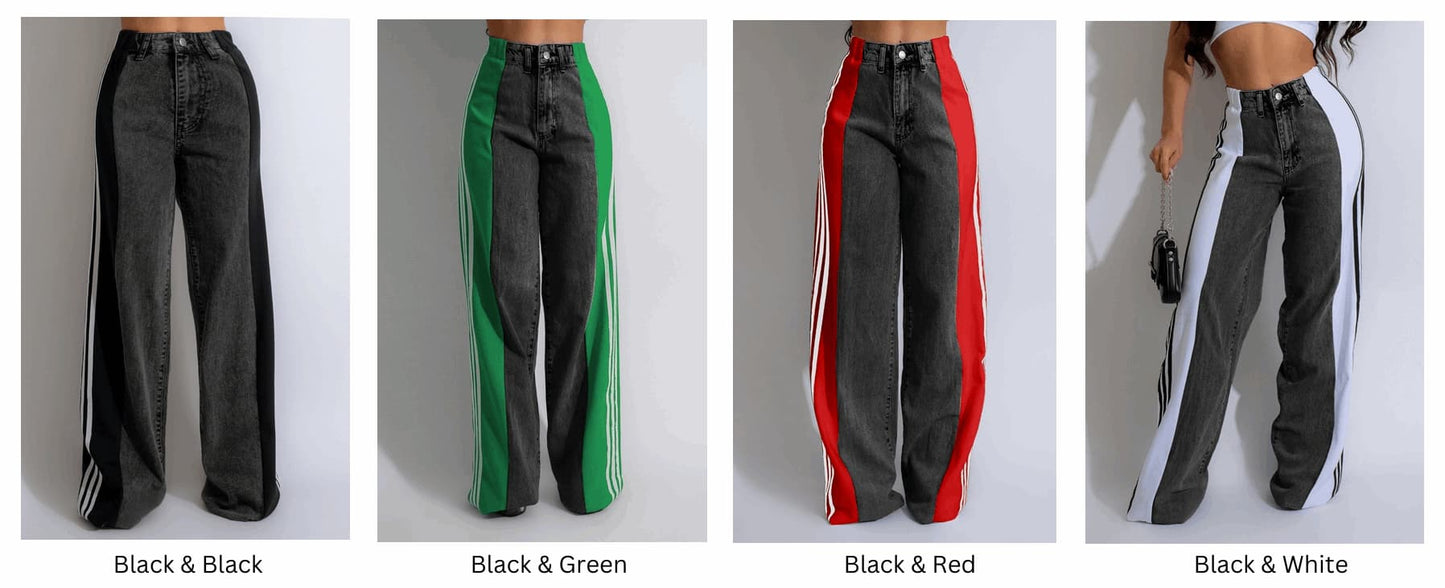 Four pairs of black pants with different colored side stripes on a white background