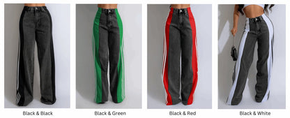 Four pairs of black pants with different colored side stripes on a white background