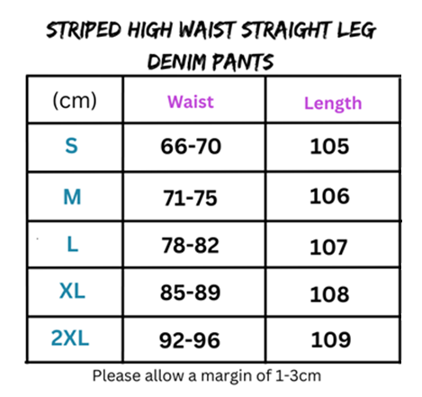 Denim pants size chart for Women’s Striped High Waist Straight Leg Denim Pants