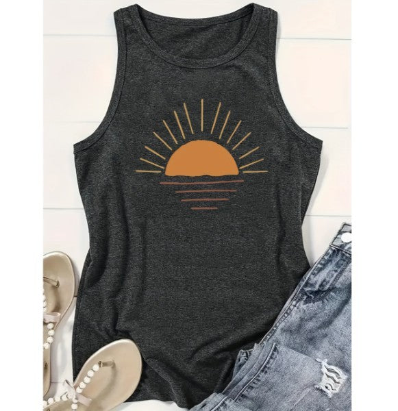 Dark gray tank top with a sun graphic on a white surface with denim shorts and shoes.