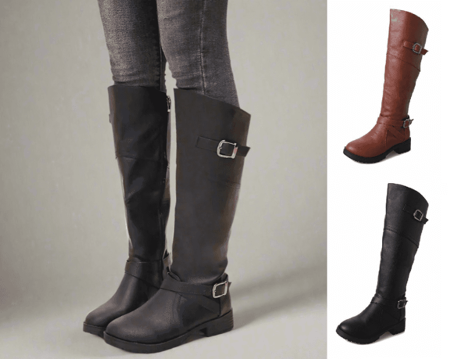 A person wearing knee-high black leather boots with buckles over gray jeans. On the right, separate images show the boots in brown and black.
