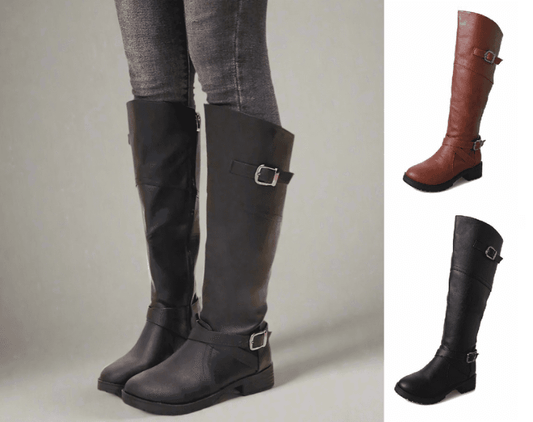 A person wearing knee-high black leather boots with buckles over gray jeans. On the right, separate images show the boots in brown and black.