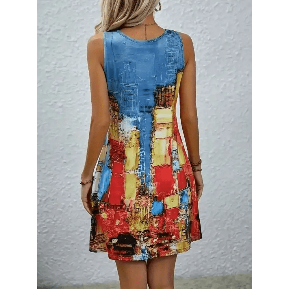 Abstract Print Sleeveless U - neck Dress - Lunacy Deals & Designs