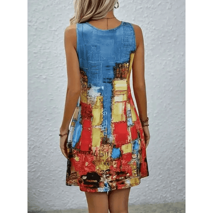 Abstract Print Sleeveless U - neck Dress - Lunacy Deals & Designs