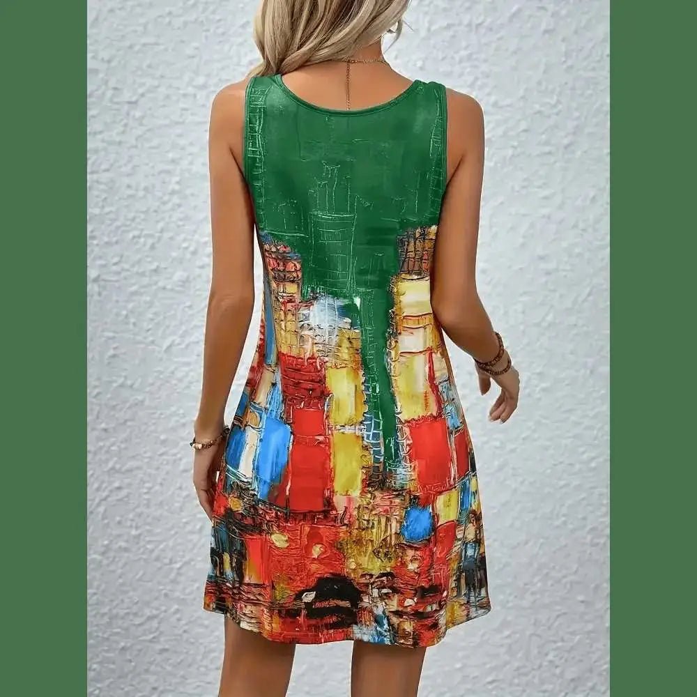 Abstract Print Sleeveless U - neck Dress - Lunacy Deals & Designs