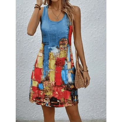 Abstract Print Sleeveless U - neck Dress - Lunacy Deals & Designs