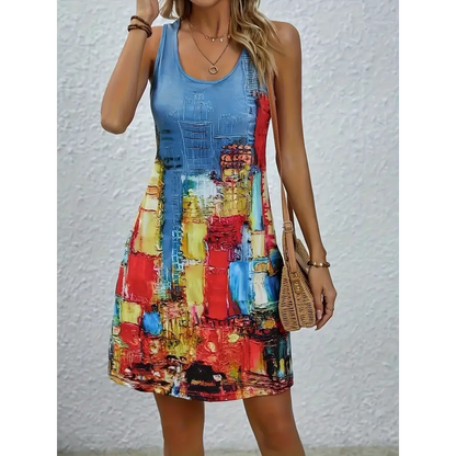 Abstract Print Sleeveless U-neck Dress - Blue / XL - Women’s Clothing