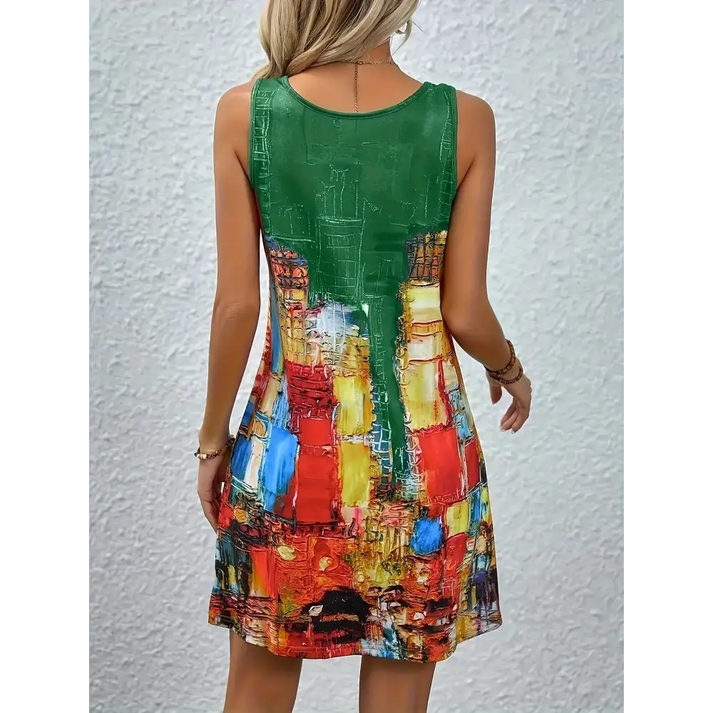 Abstract Print Sleeveless U-neck Dress - Women’s Clothing