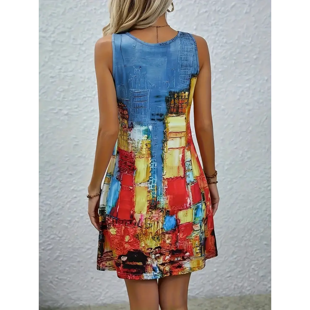 Abstract Print Sleeveless U-neck Dress - Women’s Clothing