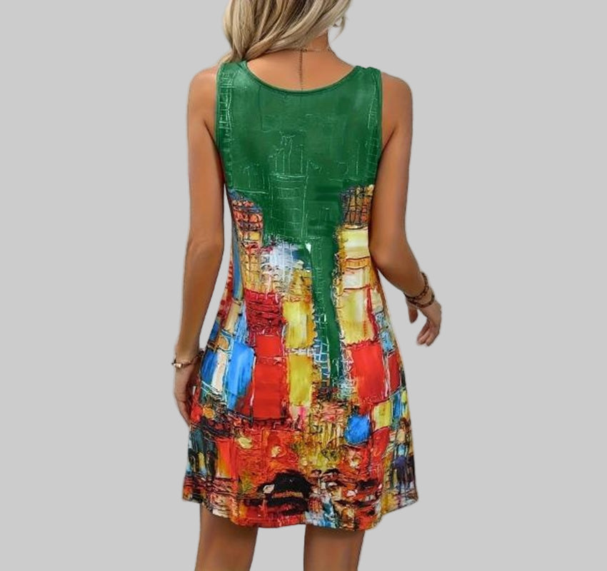 Woman wearing a colorful dress with abstract pattern on a plain background