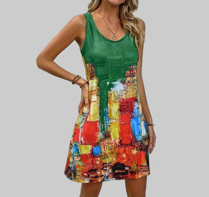 Woman wearing a green dress with colorful abstract pattern against a light gray background