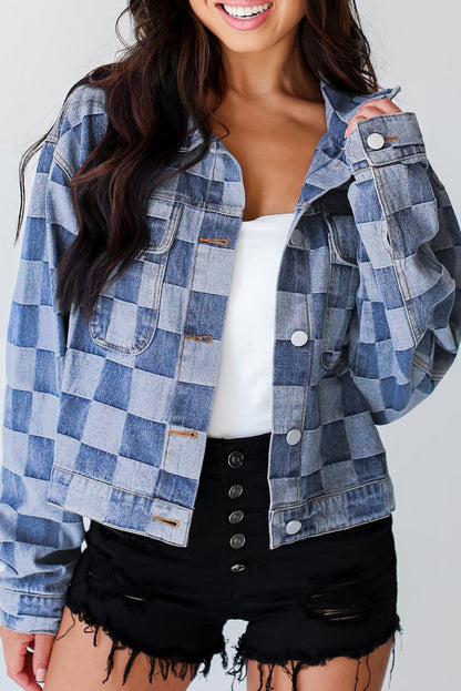 Women's Checkered Button Up Denim Jacket