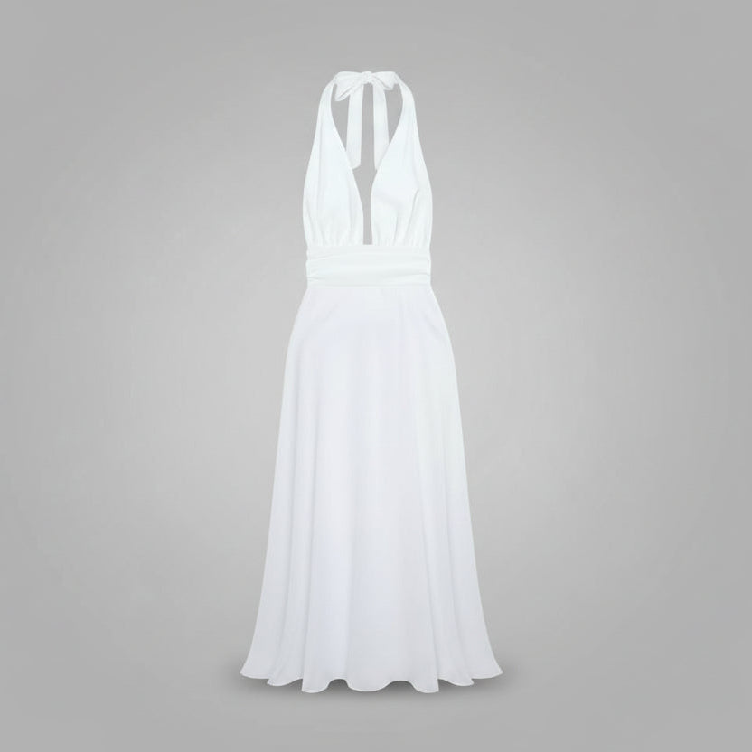 White halter neck dress on a gray background