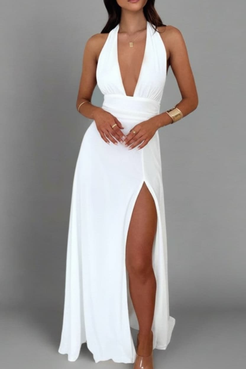 White halter neck dress with a high slit on a gray background