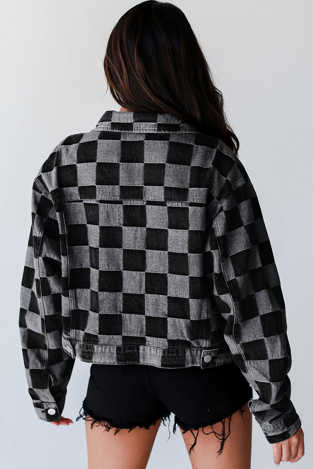 Women's Checkered Button Up Denim Jacket