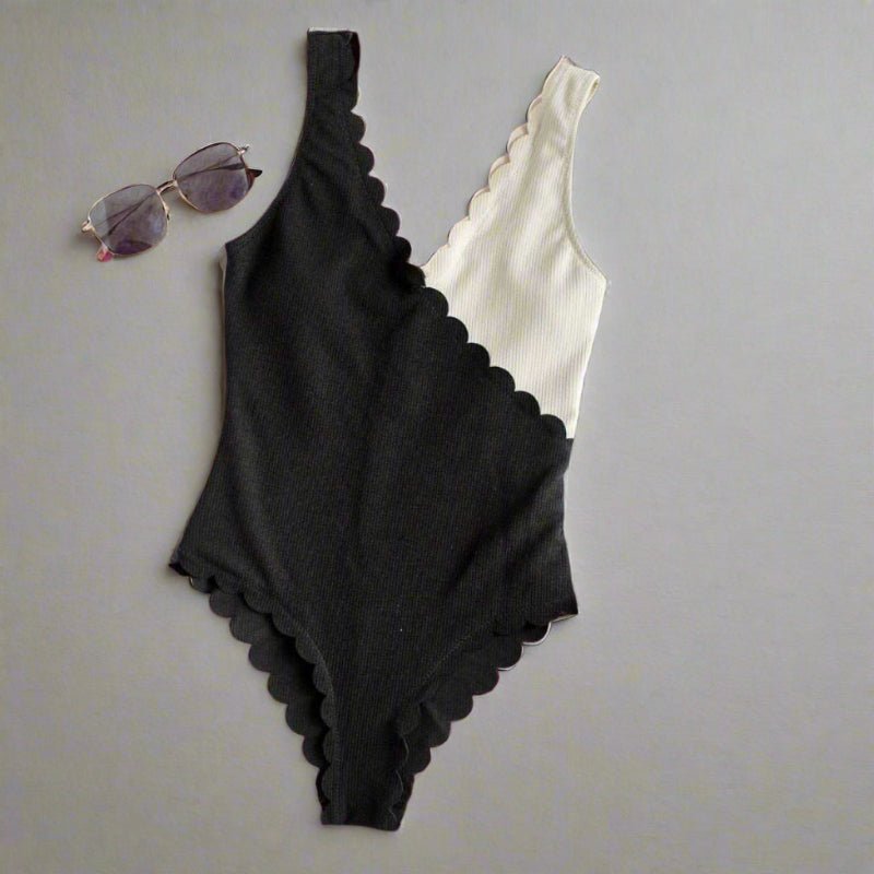 Black & Cream Ribbed 1 Piece Swimsuit - Lunacy Deals & Designs