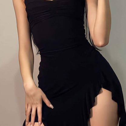 Black Spaghetti Strap Side Ruffle Dress - Lunacy Deals & Designs