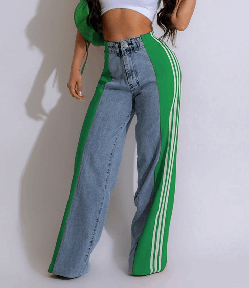 Women's Striped High Waist Straight Leg Denim Pants