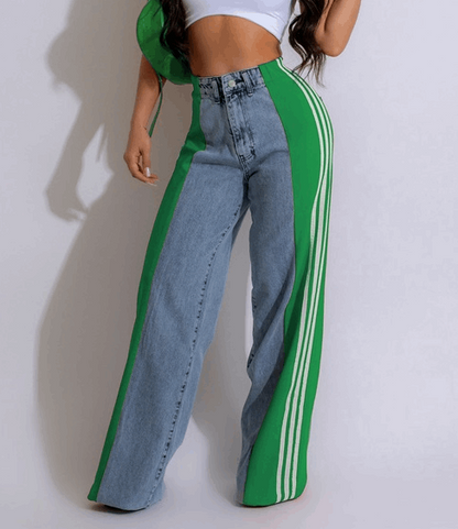 Women's Striped High Waist Straight Leg Denim Pants