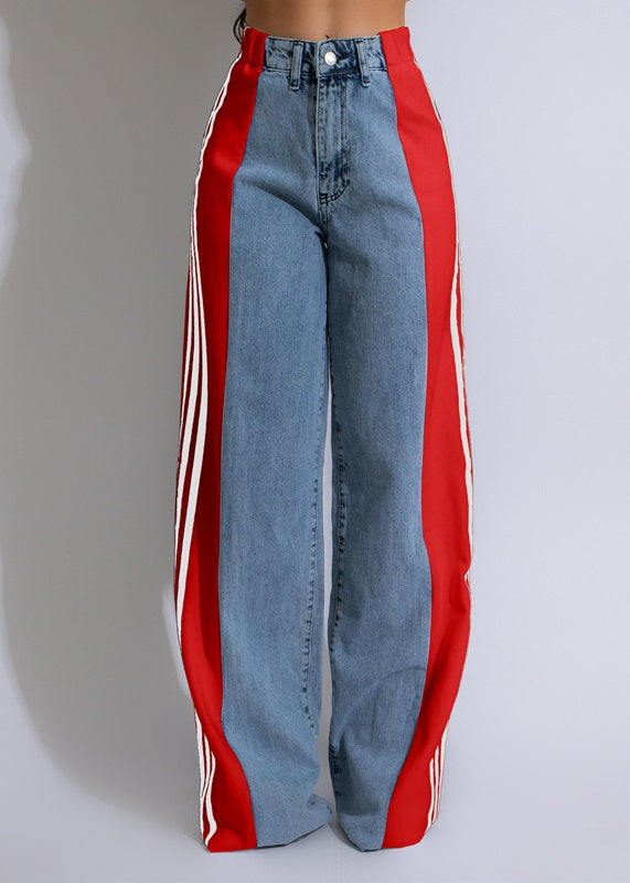 Women's Striped High Waist Straight Leg Denim Pants