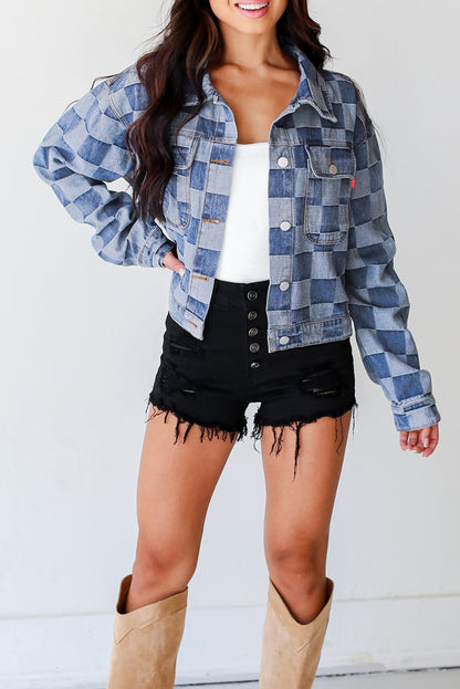 Women's Checkered Button Up Denim Jacket