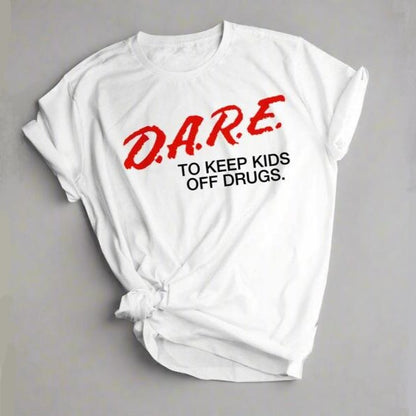 White t-shirt with 'D.A.R.E. To Keep Kids Off Drugs' text on a gray background