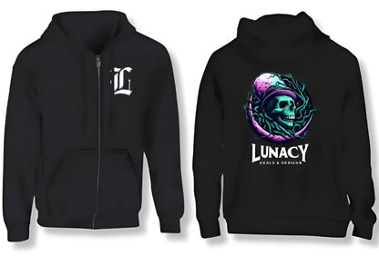 Black hoodie with 'L' logo on front and colorful 'Lunacy' design on back
