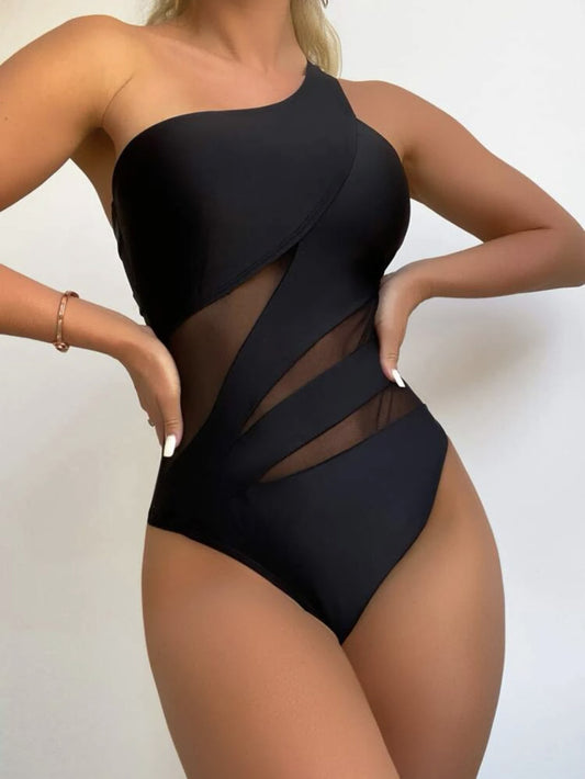 Women's Mesh Cutout One-Shoulder One-Piece Swimsuit