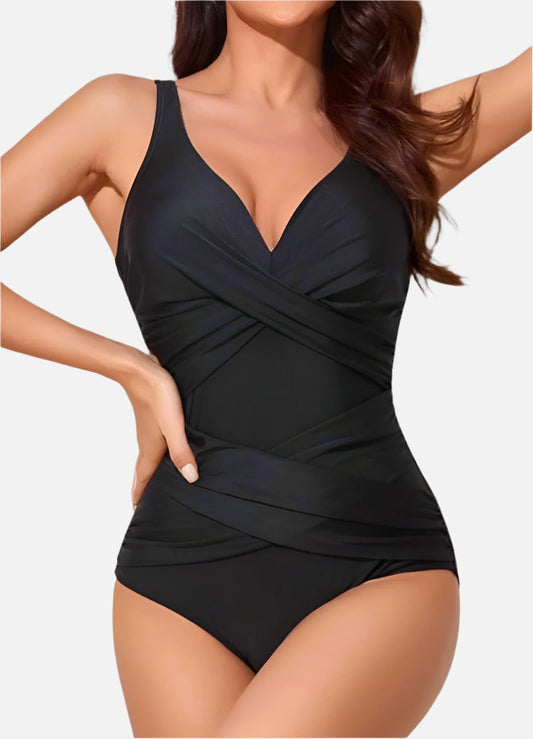 Deep V Cross Pleated 1 Piece Swimsuit - Lunacy Deals & Designs