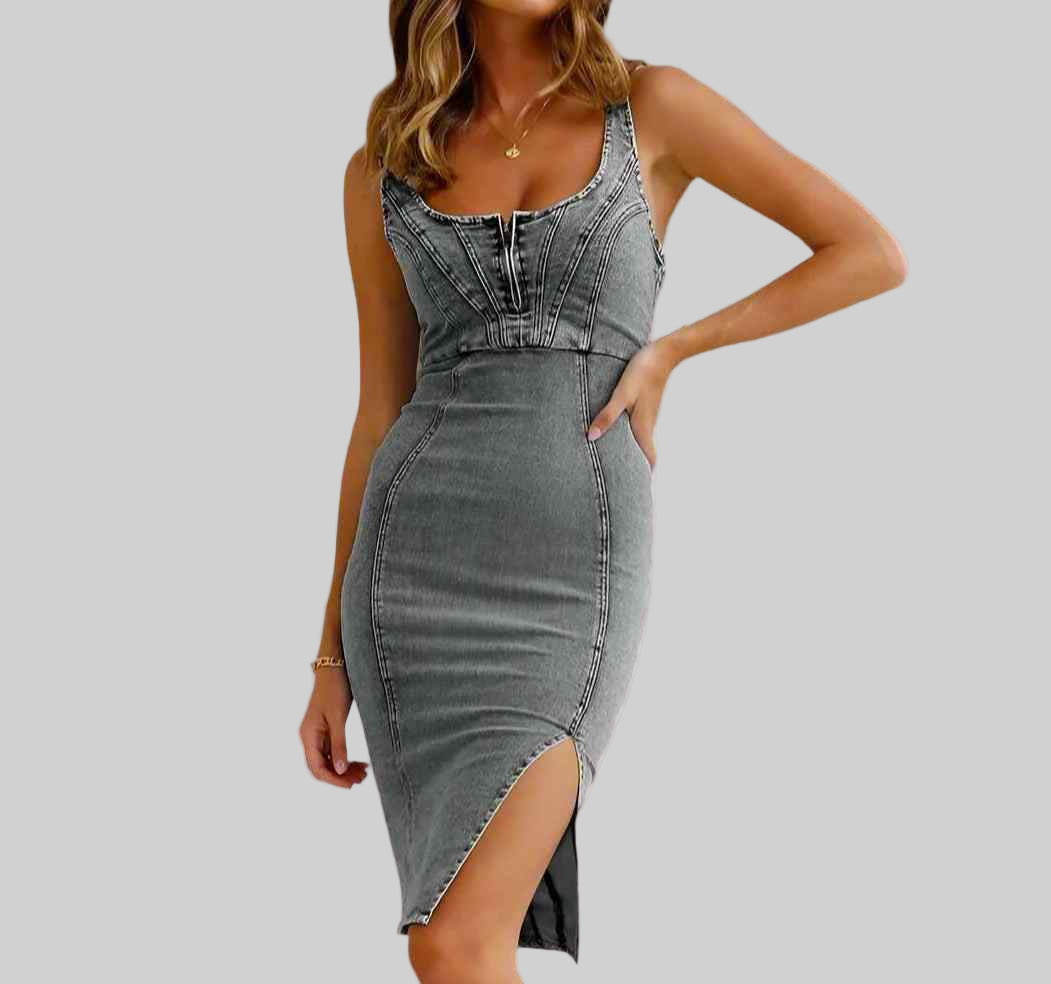 Gray denim dress worn by a model on a white background