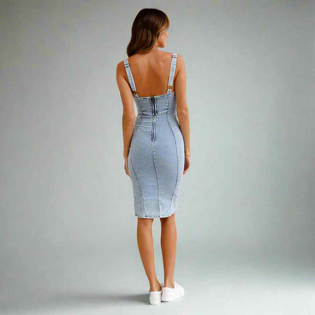 Woman wearing a light blue denim dress against a plain background