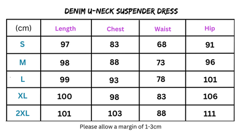 Denim U-Neck Suspender Dress Size Chart for Denim U-Neck Zip-Up Suspender Dress