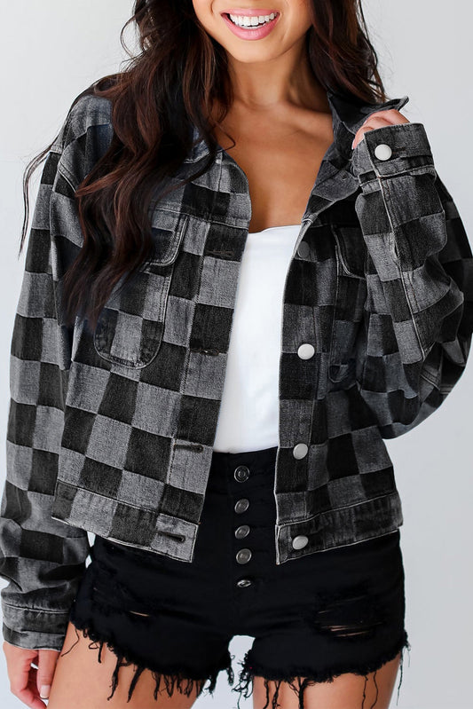 Women's Checkered Button Up Denim Jacket