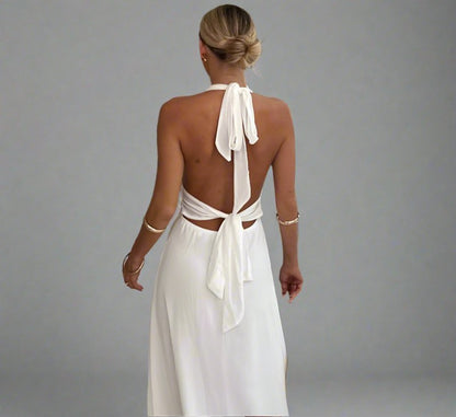 Flowing Backless Tie-Up Halter V-neck Dress - Lunacy Deals & Designs