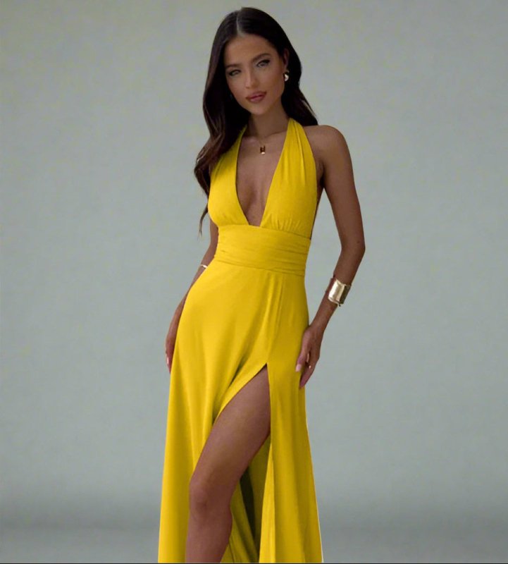 Flowing Backless Tie-Up Halter V-neck Dress - Lunacy Deals & Designs